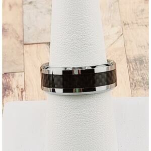 Mens Ring Silver 7MM Geometric Pattern Black Carbon Fiber Inlay Band Ring sz 12